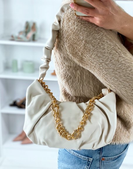 Beige pleated shoulder bag with golden chain
