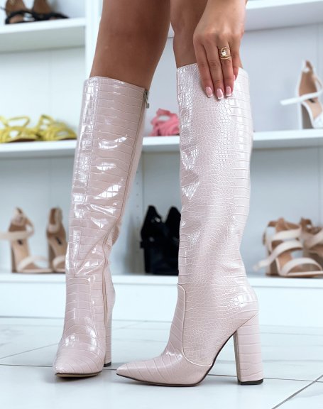 Beige pointed croc-effect heeled boots