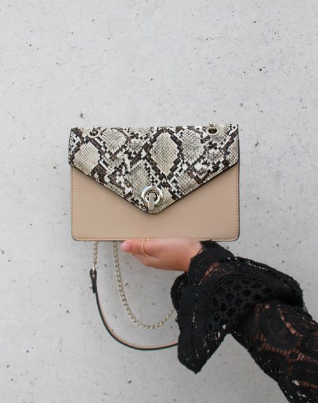 Beige python-effect pouch with silver chain