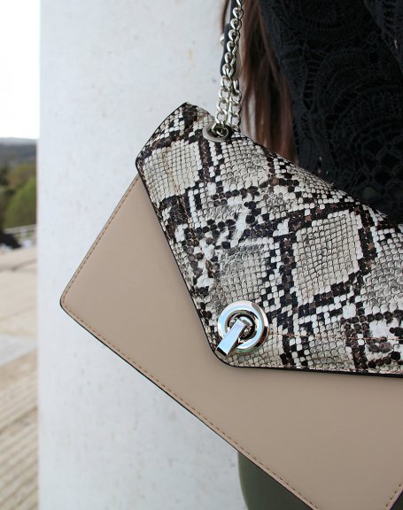Beige python-effect pouch with silver chain