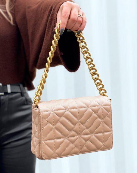 Beige quilted shoulder bag with large golden chain
