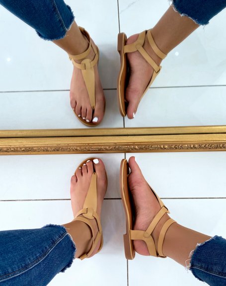 Beige sandals with double strap and golden buckles
