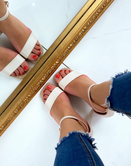 Beige sandals with fabric heels