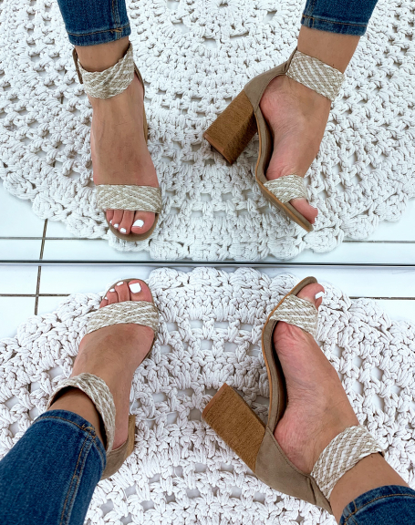 Beige sandals with fancy straps and square heels