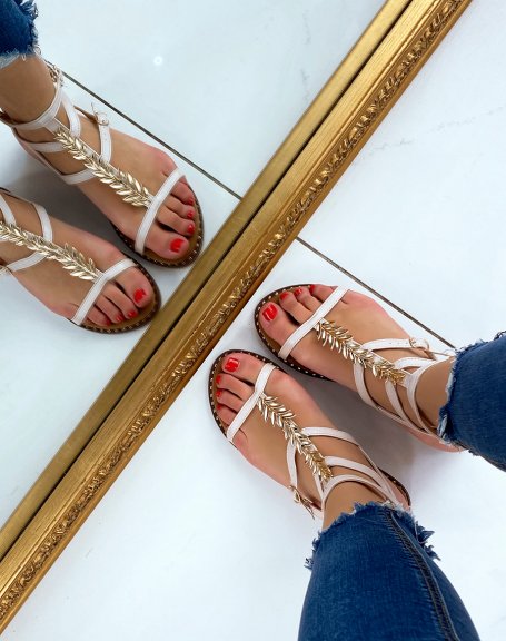 Beige sandals with gold leaf detail