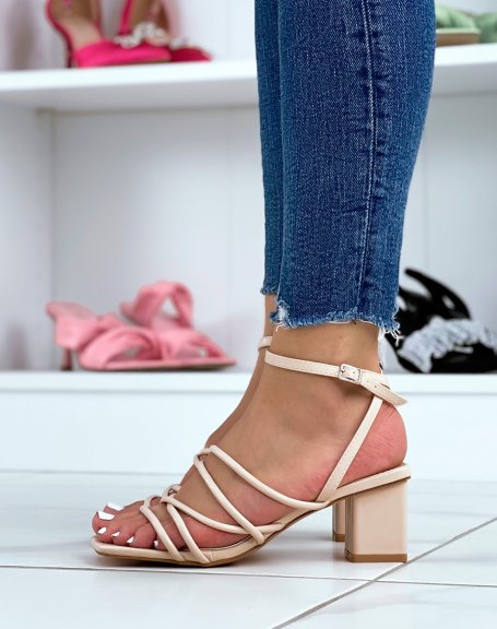 Beige sandals with heel and multiple straps