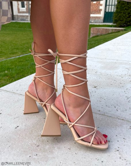 Beige sandals with laces and triangular heel