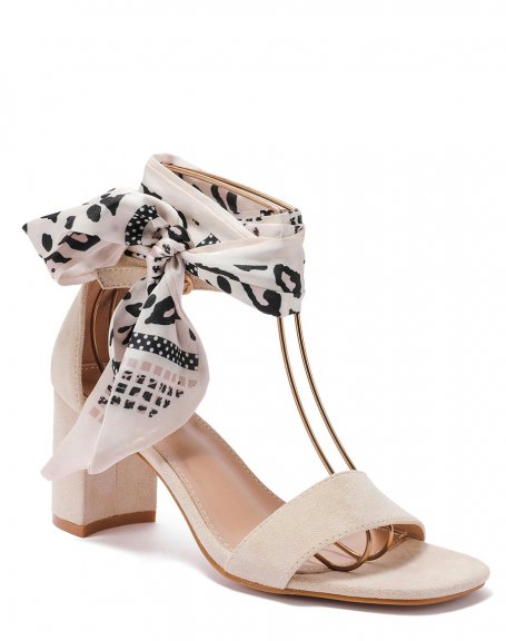Beige sandals with leopard ribbon heel