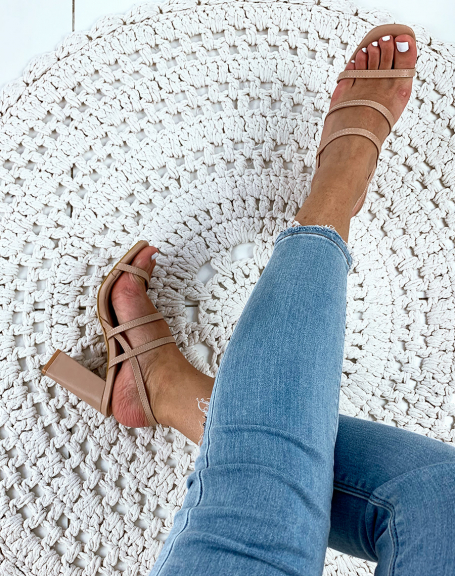Beige sandals with multiple straps and block heels