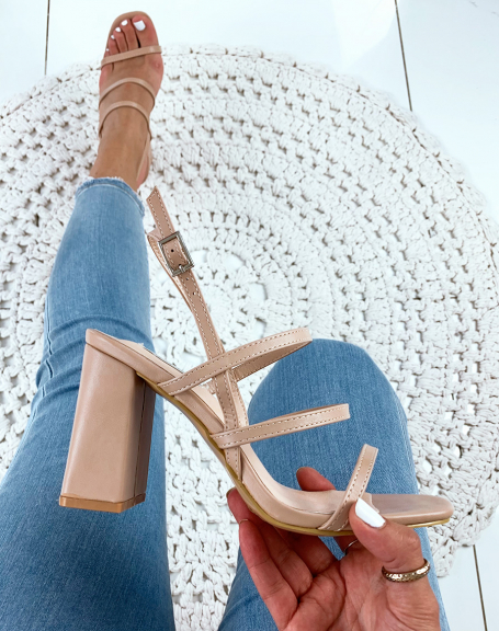 Beige sandals with multiple straps and block heels