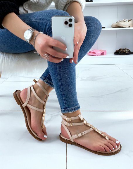 Beige sandals with multiple straps and golden jewels