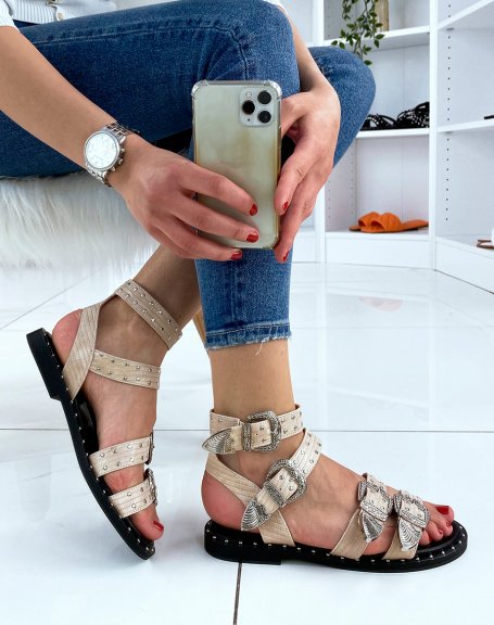 Beige sandals with multiple studded adjustable straps