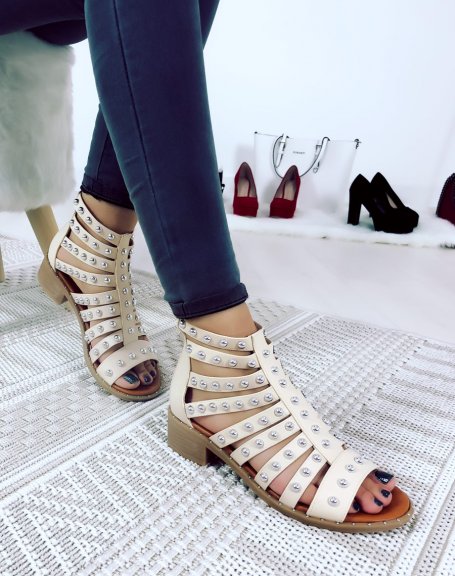 Beige sandals with multiple studded straps