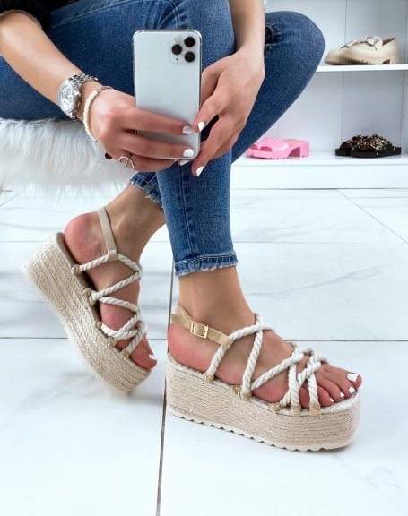 Beige sandals with rope straps and chunky hessian sole