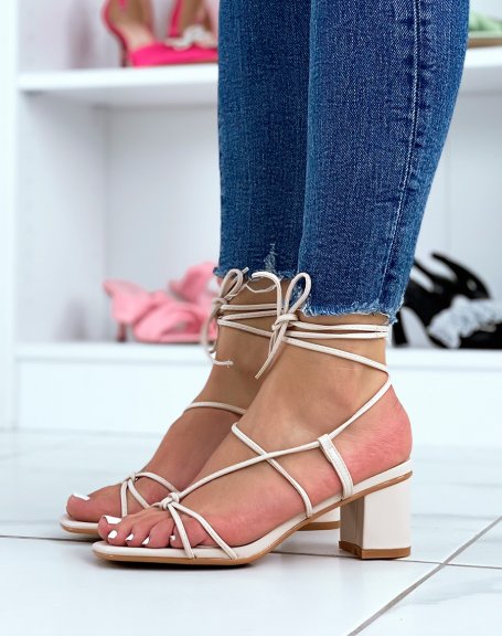 Beige sandals with small heel and multiple straps