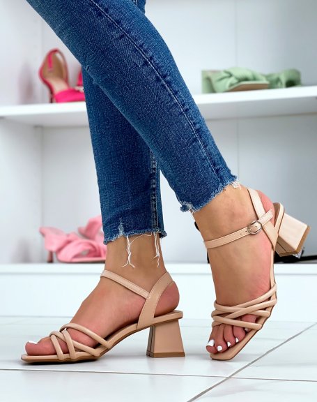 Beige sandals with small heel and multiple straps