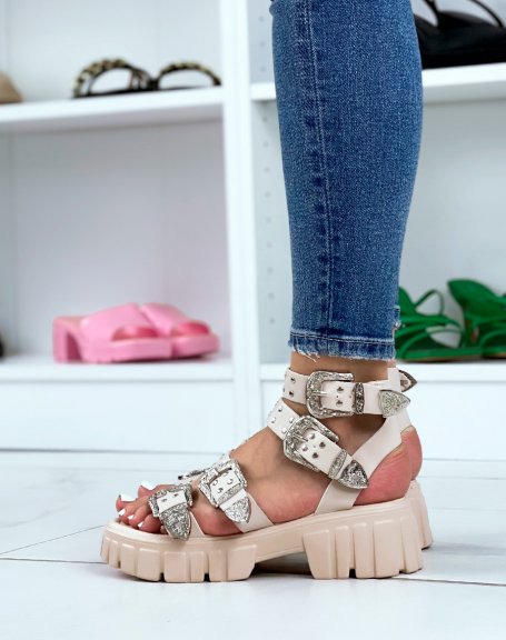 Beige sandals with small heel and multiple straps and silver details