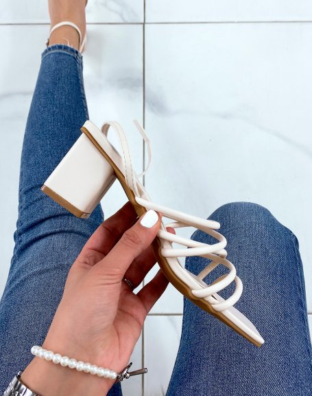 Beige sandals with square heel and multiple thin straps
