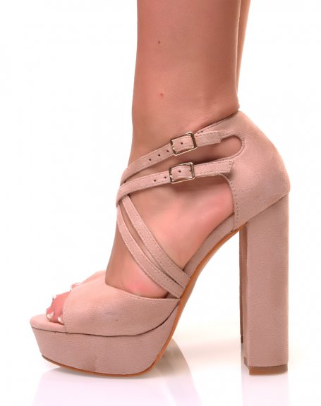 Beige sandals with square heels and multiple straps