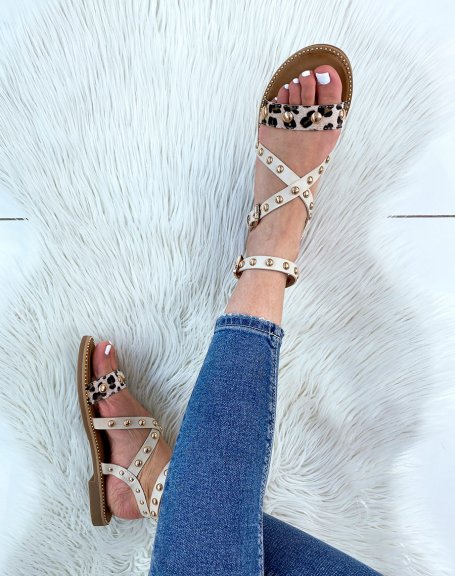 Beige sandals with studs and leopard strap