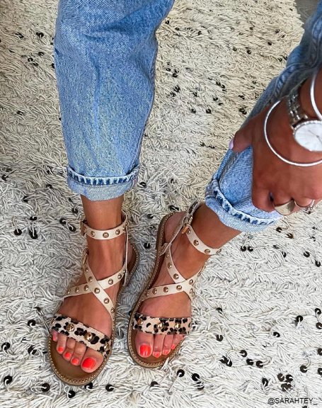 Beige sandals with studs and leopard strap