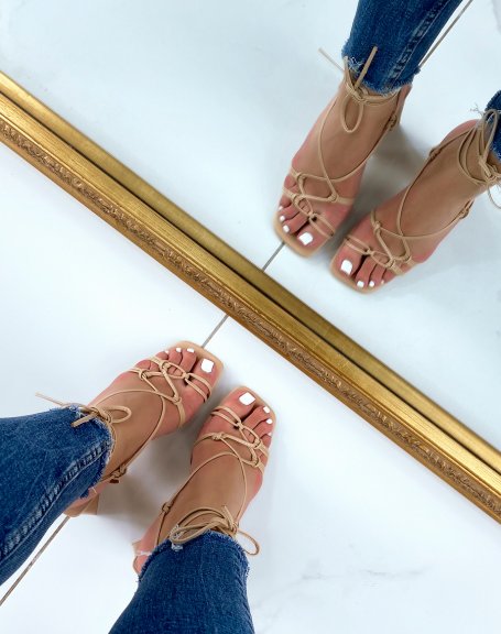 Beige sandals with thick heel and multiple straps