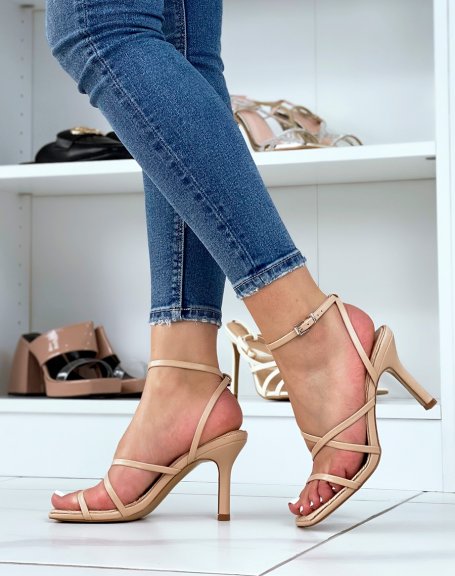 Beige sandals with thin strap and burlap interior and stiletto heel