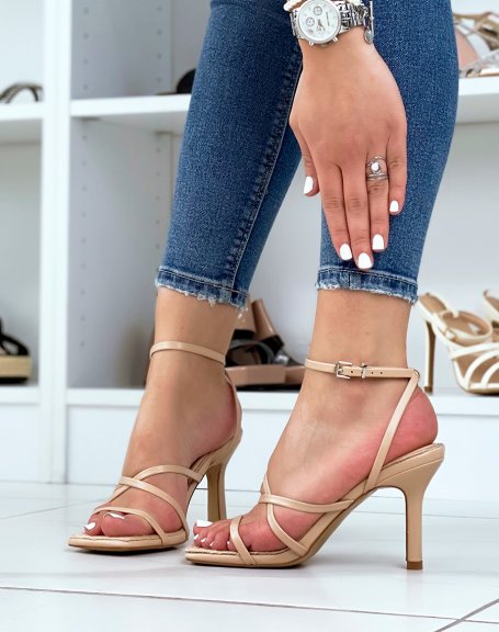 Beige sandals with thin strap and burlap interior and stiletto heel