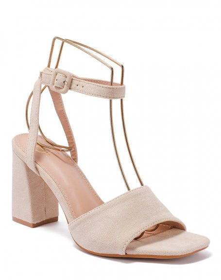 Beige sandals with wide thick strap and square heel