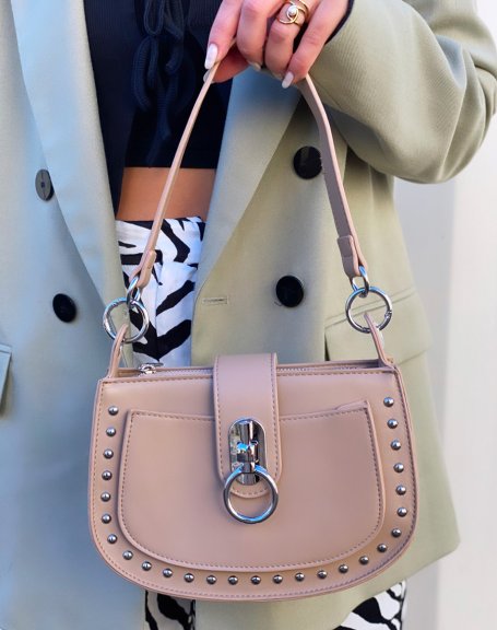 Beige satchel handbag with studded detail