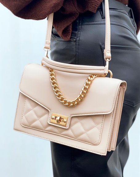 Beige satchel-style handbag with gold chain