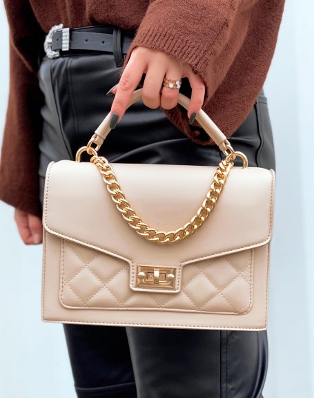 Beige satchel-style handbag with gold chain