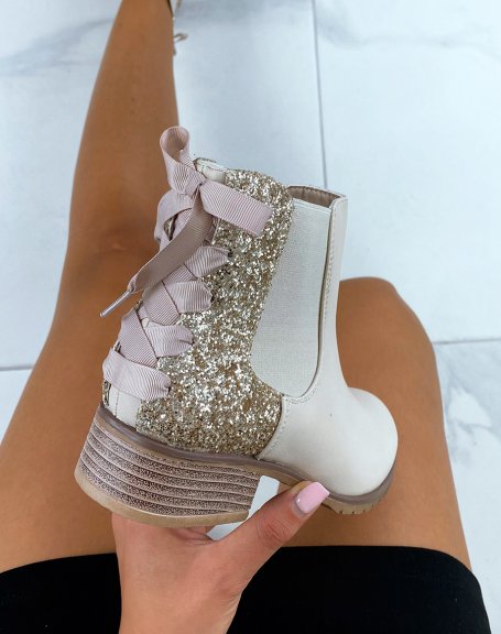 Beige sequined Chelsea boots with bow