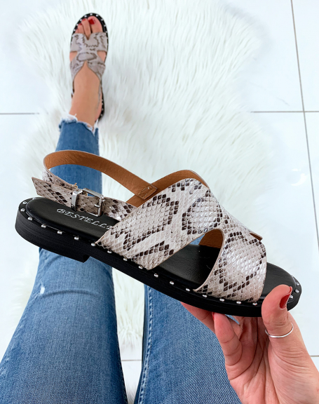 Beige snake print sandal with studded sole