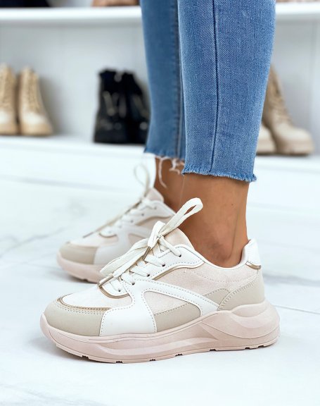 Beige sneakers with bi-material panels and chunky sole