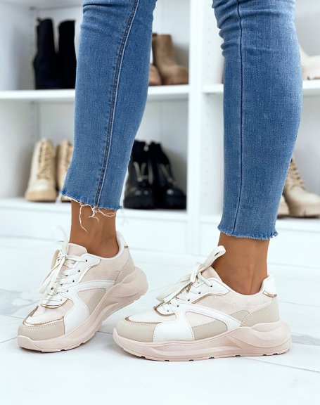 Beige sneakers with bi-material panels and chunky sole