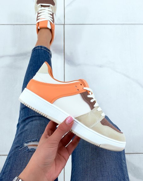 Beige sneakers with brown and orange inserts
