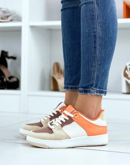 Beige sneakers with brown and orange inserts