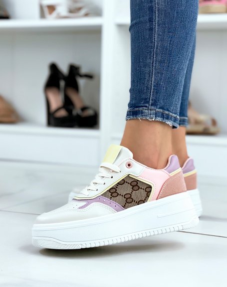 Beige sneakers with brown, pink and purple inserts