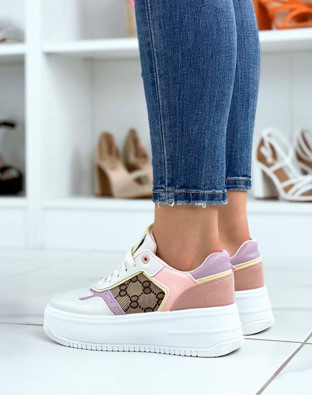 Beige sneakers with brown, pink and purple inserts