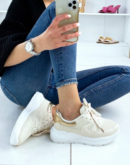 Beige sneakers with chunky white sole
