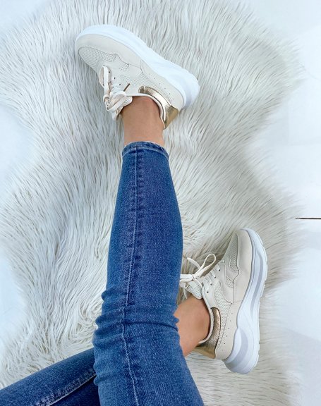 Beige sneakers with chunky white sole
