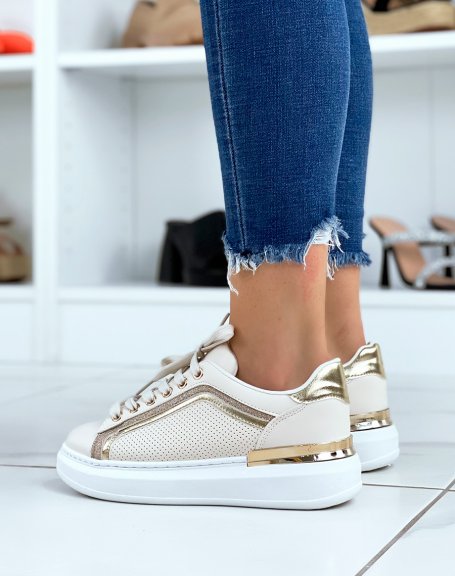 Beige sneakers with gold and sequined inserts