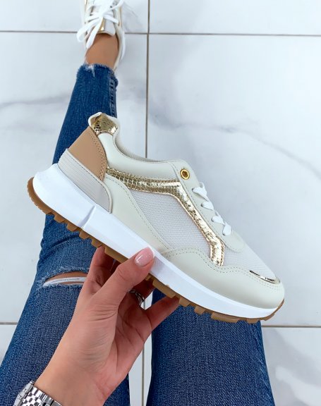 Beige sneakers with golden croc insert