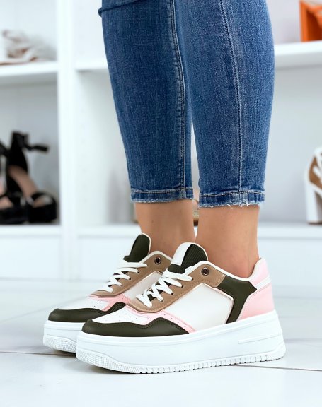 Beige sneakers with khaki and pink inserts