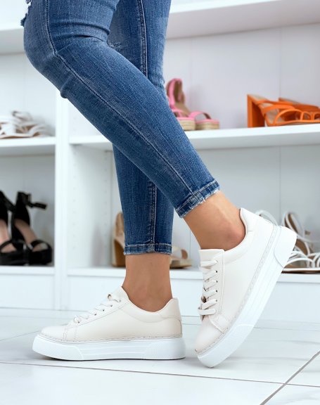 Beige sneakers with thick white sole