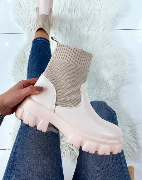 Beige sock ankle boots with notched sole