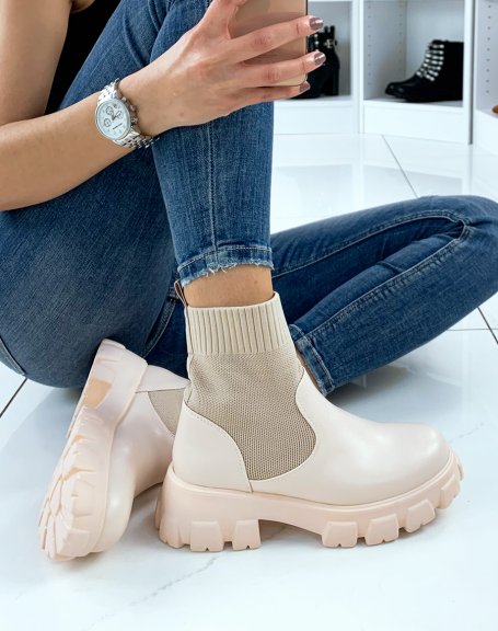 Beige sock ankle boots with notched sole