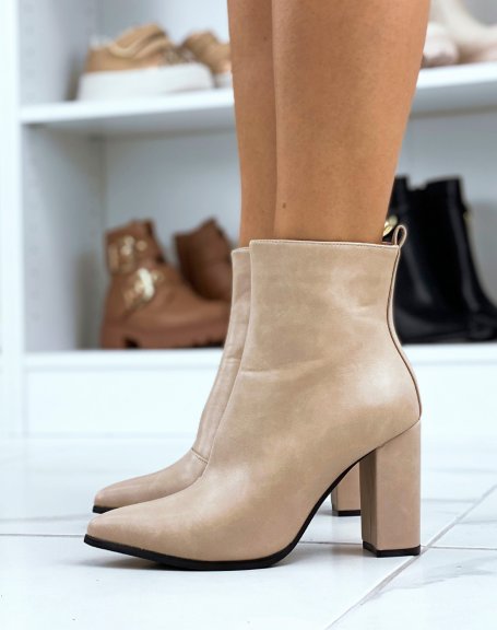 Beige square heel pointy toe ankle boots
