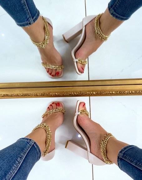 Beige square heel sandals with gold chains